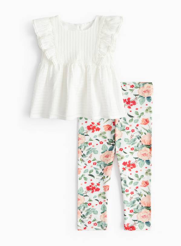 White Frill Top & Floral Printed Leggings Set 9-12 months